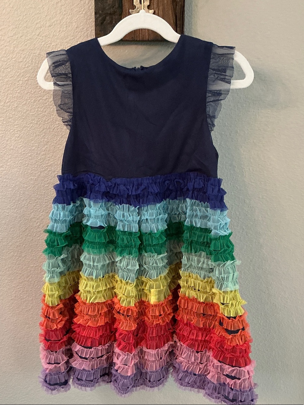 Mini Boden Navy Dress with Rainbow Ruffle Skirt